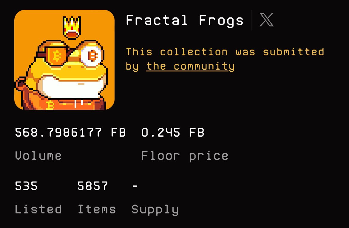Ribbit 🐸

Did you know that the first frog collection on ordinals is Ordinal Frogs?
#212924-234119 💎

<a href="/MEonBTC/">Magic Eden on Bitcoin 🟧</a>:
magiceden.io/ordinals/marke…

Now, the first frog collection on <a href="/fractal_bitcoin/">Fractal Bitcoin</a>:
fractal.unisat.io/market/collect…