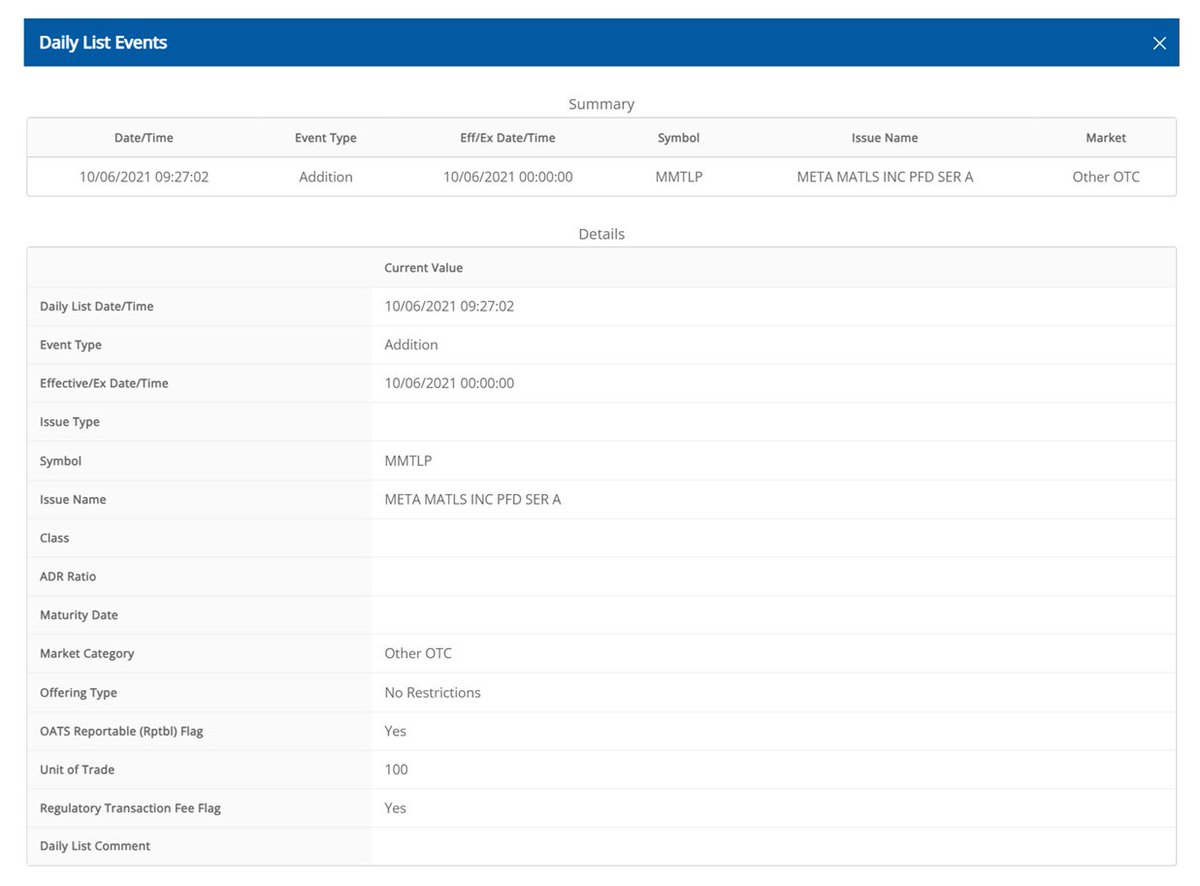 JunkSavvy's tweet photo. 🧐🧐🧐
FINRA ASSIGNED THE SERIES A PREFFERED SHARES (MMAT-1) A NEW TICKER ON 10/6/2021...$MMTLP.
On @FINRA's Daily List on that day, the line titled "Regulatory Transaction Fee Flag" indicates "Yes." 
According to FINRA, they assess these fees on certain transaction is order to recover the quarterly fee it pays to the @SECgov.  "Yes" indicates a fee was assessed. 
❓ Who applied to have ticker symbol $MMTLP assigned to Meta's Series A Preferred Dividend Shares?
❓ Who was assessed the "Regulatory Transaction Fee."
Might it be the market maker or broker who listed $MMTLP to trade...follow the money!!!
WE ARE NOT GOING AWAY!!!
#MMTLPFiasco #CriminalEnterprise #RICO 
https://t.co/6YCLgDCUZB
https://t.co/p83FEFPKc9
