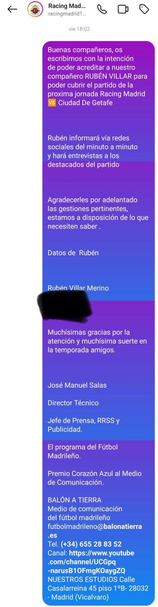 En 7 u 8 años que llevo cubriendo partidos de fútbol, nunca había vivido 1situación como la que me ha hecho pasar un directivo del <a href="/RacingMadridFC/">Racing Madrid 1914 F.C.</a>, que me conoce y sabe perfectamente que lo único que hago es intentar dar visibilidad a los equipos madrileños…
GRACIAS <a href="/ConraGalan/">Conra Galán</a>