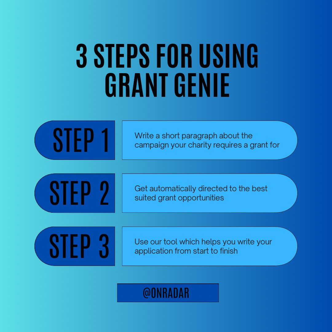 OnRadarUK's tweet image. Grant Genie makes finding and applying for grants simple in three steps📘

#grant #grantapplication #charityorganisation #fundraising #onradar