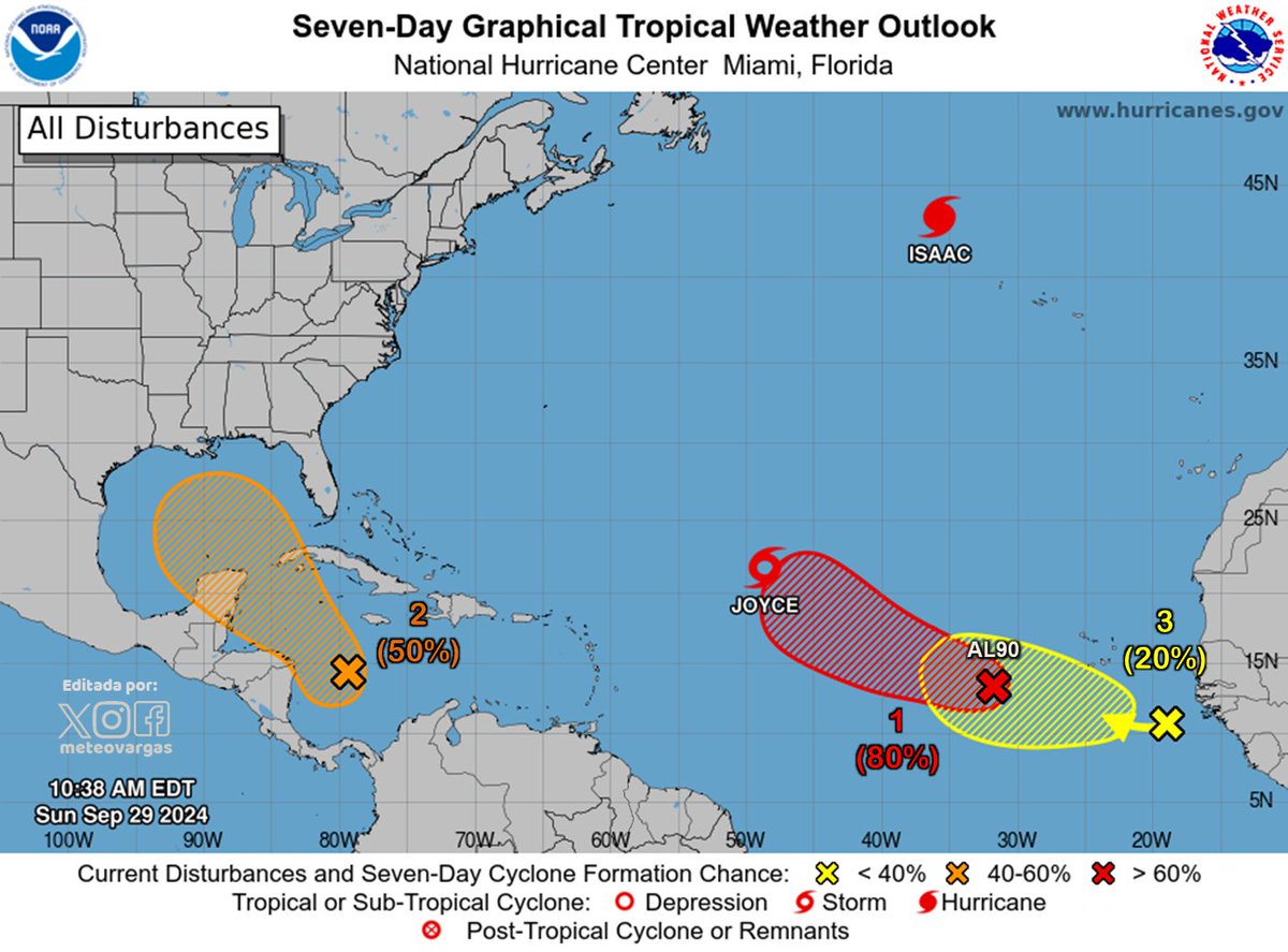 Meteovargas's tweet photo. #29Sep Atlántico activo:
➡️Huracán Isaac sobre aguas abiertas del Océano, al noroeste de las Azores.
➡️Tormenta Tropical Joyce en el Atlántico central tropical.
➡️Área en investigación AL90 asociada a una onda tropical y baja presión al oeste de Cabo Verde. Tiene un 80% de probabilidades de convertirse en ciclón tropical.
➡️Baja presión en observación en el Caribe occidental con 50% de probabilidades de convertirse en ciclón tropical.
➡️Nueva onda tropical en costas africanas entra en observación con 20% de probabilidades de convertirse en ciclón tropical. Es la número 42 de la temporada.