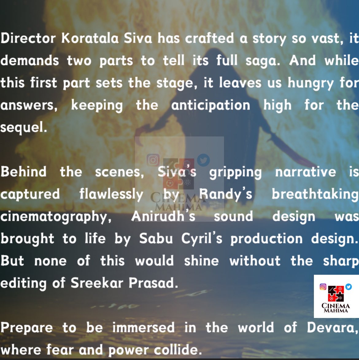 CinemaMahima's tweet photo. Our honest take on #Devara
review by #CinemaMahima 
#Devara #NTR #manofmassesntr @JrNTRFanGirls #filmreview #cinema #indiancinema @tarak9999 #JahnviKapoor @NTR2NTRFans @YuvasudhaArts @DevaraMovie @NTRArtsOfficial @anirudhofficial @JrNTRFC #JrNTR @NTRFanTrends @worldNTRfans https://t.co/2UZqufu6sl