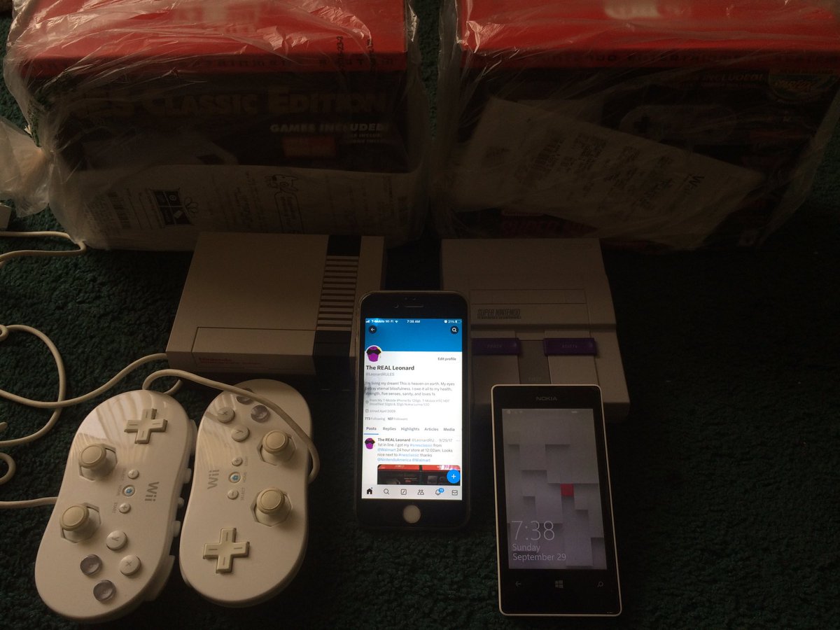 LeonardRULES's tweet photo. Last time I posted on here was after I stood in 24 hour Walmart Supercenter line to get an SNES Classic Edition on release date of 9/29/17. I ended up getting the first one. I tried to recreate the picture of 7 years ago. Still got unopened boxes of SNES &amp; NES &amp; back ups I play https://t.co/n75bJLhirS