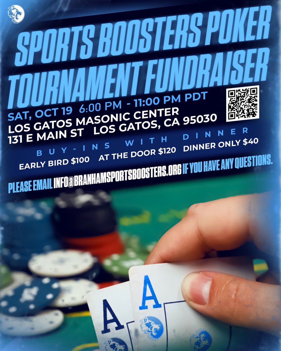 Branhamfootball's tweet photo. 🔈ANNOUNCEMENT🔈

The Football Staff + families will be running a Texas Hold ‘Em tournament in Los Gatos on 10/08. 

1st Place is 2 tickets to the Bears/9ers game + 2 field passes pre-game.

2nd place is an autographed Jerry Rice jersey.

RT &amp; join today!
https://t.co/ZFhbjnRlOT https://t.co/CHqShMiaFi