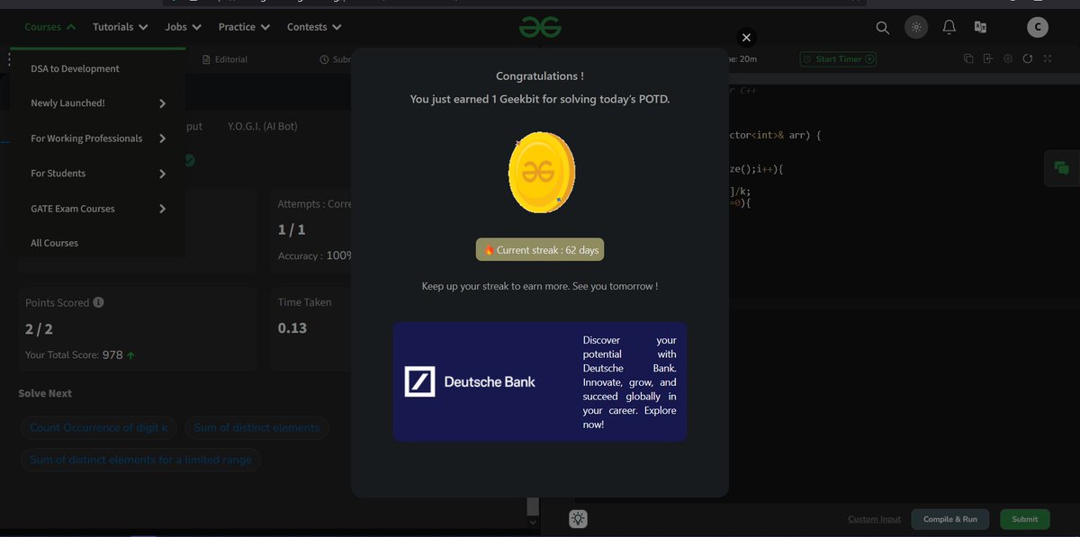 codewithme208's tweet image. Day 19 of the coding marathon! 🏃♂️ Feeling accomplished as I tackle today's problem. Let's finish strong! #GeeksForGeeks #CodingChallenge @geeksforgeeks @DeutscheBank