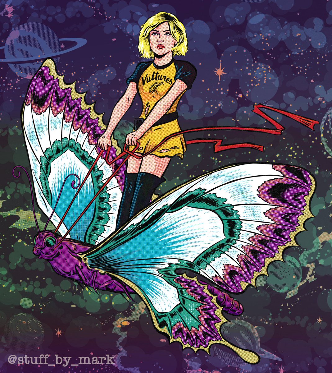 The_Ren1981's tweet image. A rare photograph of Debbie Harry flying her beloved pet butterfly through a neighbouring galaxy.