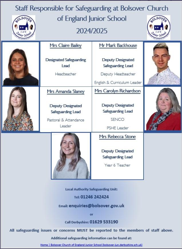 * Designated Safeguarding Leaders 2024-25 *

Here is our 2024-25 list of Safeguarding Leads in school along with key information regarding safeguarding in school. 

Further information about safeguarding can be found on our school website here: bolsover-jun.derbyshire.sch.uk/safeguarding