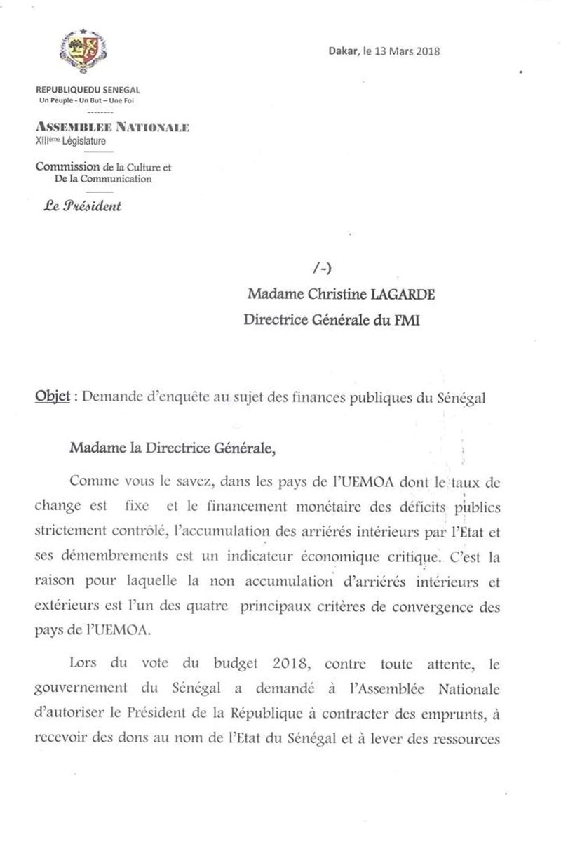 Mld2024's tweet photo. Faux comptes publics du Sénégal 

Le gouvernement du Sénégal, après audit, conclut à la falsification des comptes publics sous le régime de @Macky_Sall. Si ces faits sont confirmés par la Cour des Comptes, alors l’affaire est grave.
En 2018, j’avais écrit à la DG Christine Lagarde du FMI pour demander une enquête sur les comptes publics et situer la question des arriérés intérieurs.
En janvier 2021 , après plusieurs interpellations du ministre des finances sur un montant de 600 millions figurant au budget du ministère des finances, il a été dit que c’est le paiement de consultation au profit de DSK  versé dans un compte offshore. Pour quel travail? Personne ne sait, sauf le ministre à l’époque Amadou Ba.
J’ai toujours contesté les chiffres annoncés par Amadou Ba, ministre des finances, surtout depuis la reprise du calcul du PIB  en 2015 qui a augmenté le PIB de 3000 milliards de francs CFA et ouvert ainsi les vannes de l’endettement incontrôlé. En témoignent mes interventions à l’Assemblee nationale et mes questekki.
#Kebetu
#Senegal 
#JUBBANTI 
#TEKKI