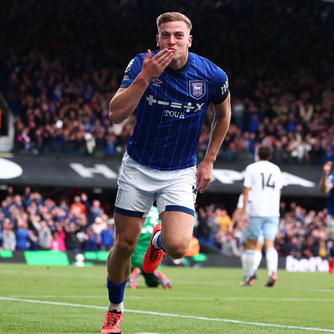 Liam Delap celebrates his second goal for Ipswich Town in their 2-2 draw with Aston Villa.