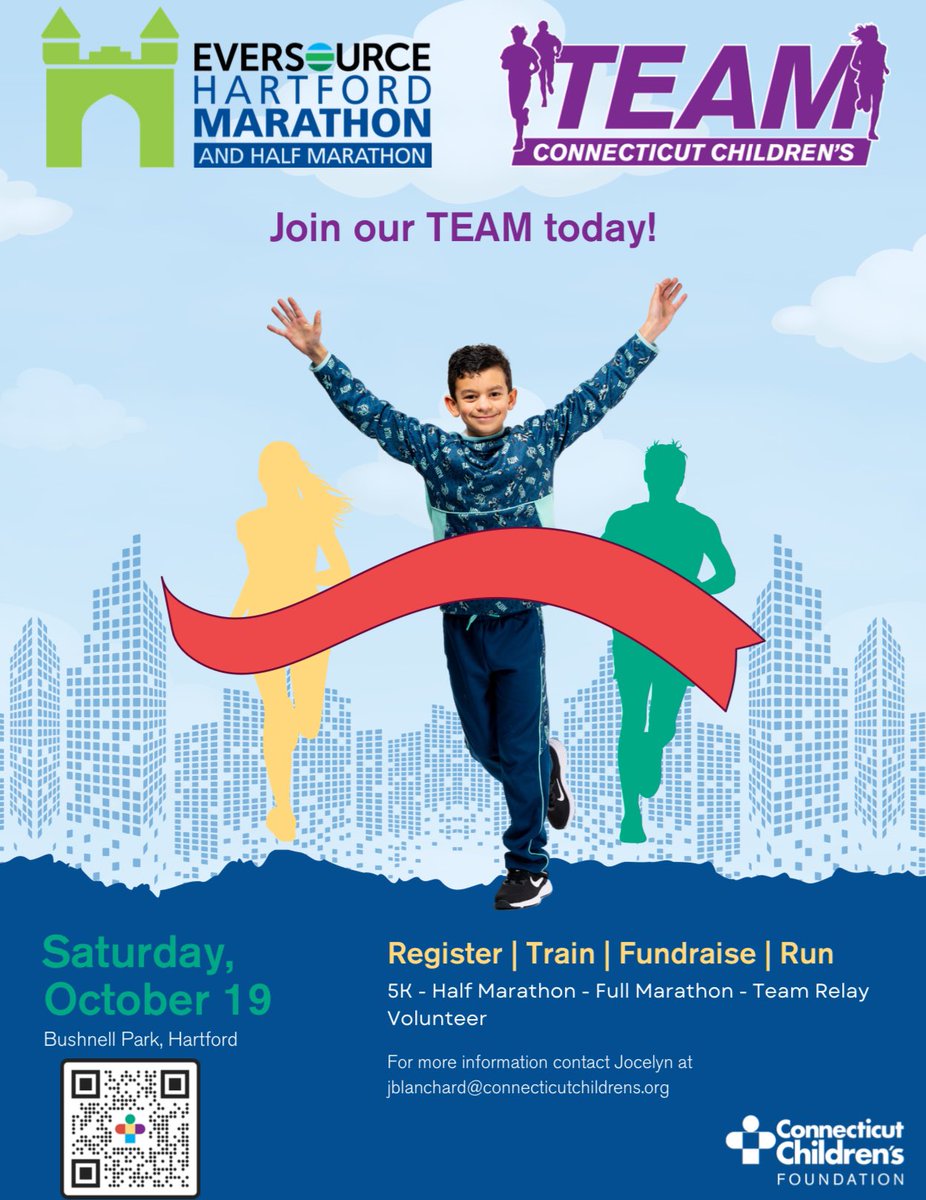 Juicebe11's tweet photo. Join Team Connecticut Children’s for the Eversource Hartford Marathon on October 19th! @ctchildrens covers your registration and you commit to raising $150. Choose a 5k, 1/2 marathon, Full marathon, or a Relay! Register by Sept. 30th. Let’s make a difference together!💙 https://t.co/fiMriJFkbs