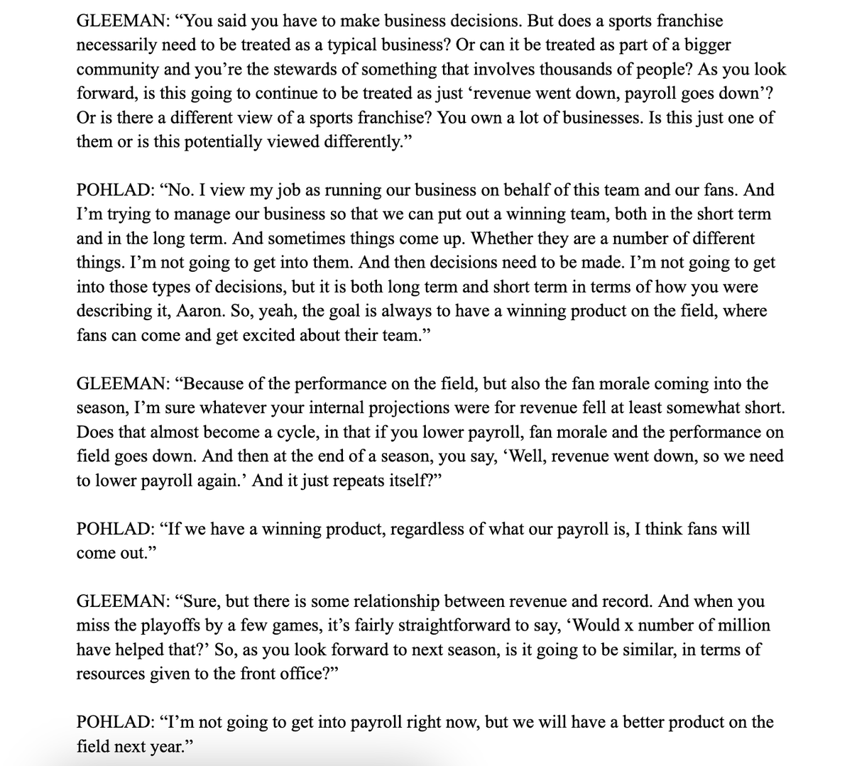 AaronGleeman's tweet image. I asked #MNTwins owner Joe Pohlad about payroll and why the team is treated as just another typical business.

Here's a full transcript of my question, his response, and two follow-up questions that I asked after hearing it.
