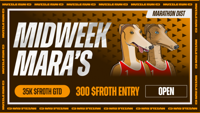Don't forget to take a peek at the new daily tournament added to the list this week.👀 "Midweek Mara's" 🏁Get those 750m, 800m and 850m preference hounds entered to see if your kennel can hold a top spot in the Midweek  Mara's!💪
#BullMarket #gaming  #P2E #Web3 $Froth