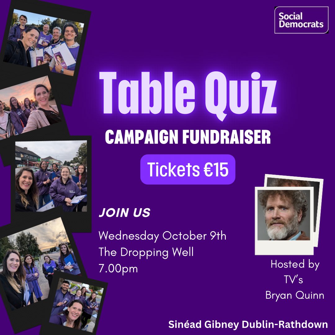 I'm very excited to have the national treasure that is BQ host a table quiz for my election campaign. It's a fundraiser to help me reach as many voters as I can in Dublin Rathdown for the upcoming general election. Come along, Wednesday 9 October in the Dropping Well 1/2