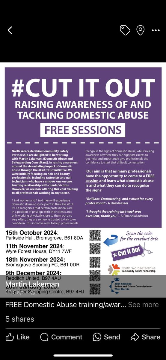 Sign up for this essential training around domestic abuse. This programme is being delivered across North and South Worcestershire and Herefordshire with great feedback #Inspiringchange