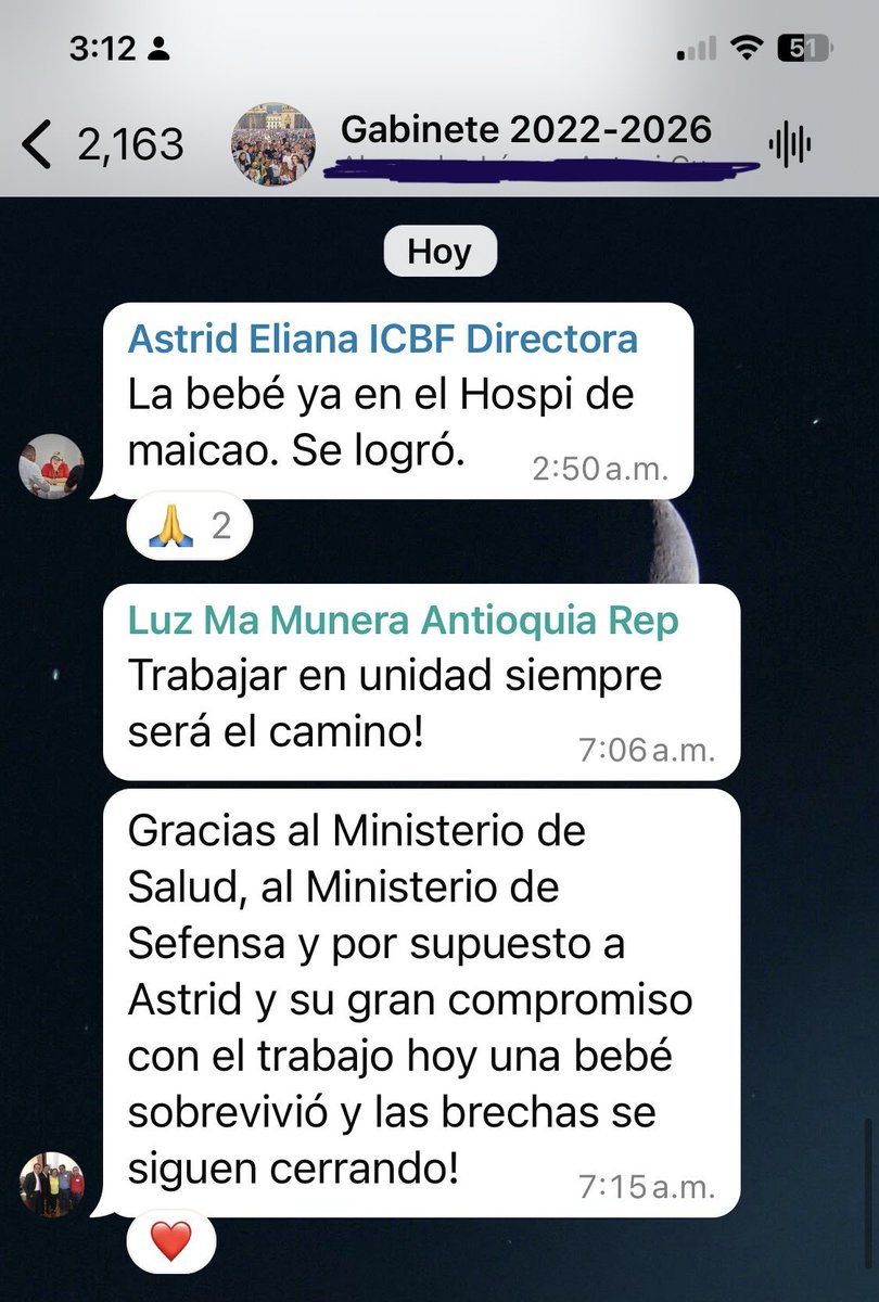 GustavoBolivar's tweet image. Voy a violar la confidencialidad del Chat del Gabinete para mostrar lo que importa la vida de un niño a este gobierno.
8:49 pm, ayer sábado, directora ICBF lanza la alerta

8:51 pm Consejera para las regiones actúa.

2:50 am de hoy, el bebé ya está en el hospital.
¡Es el cambio!