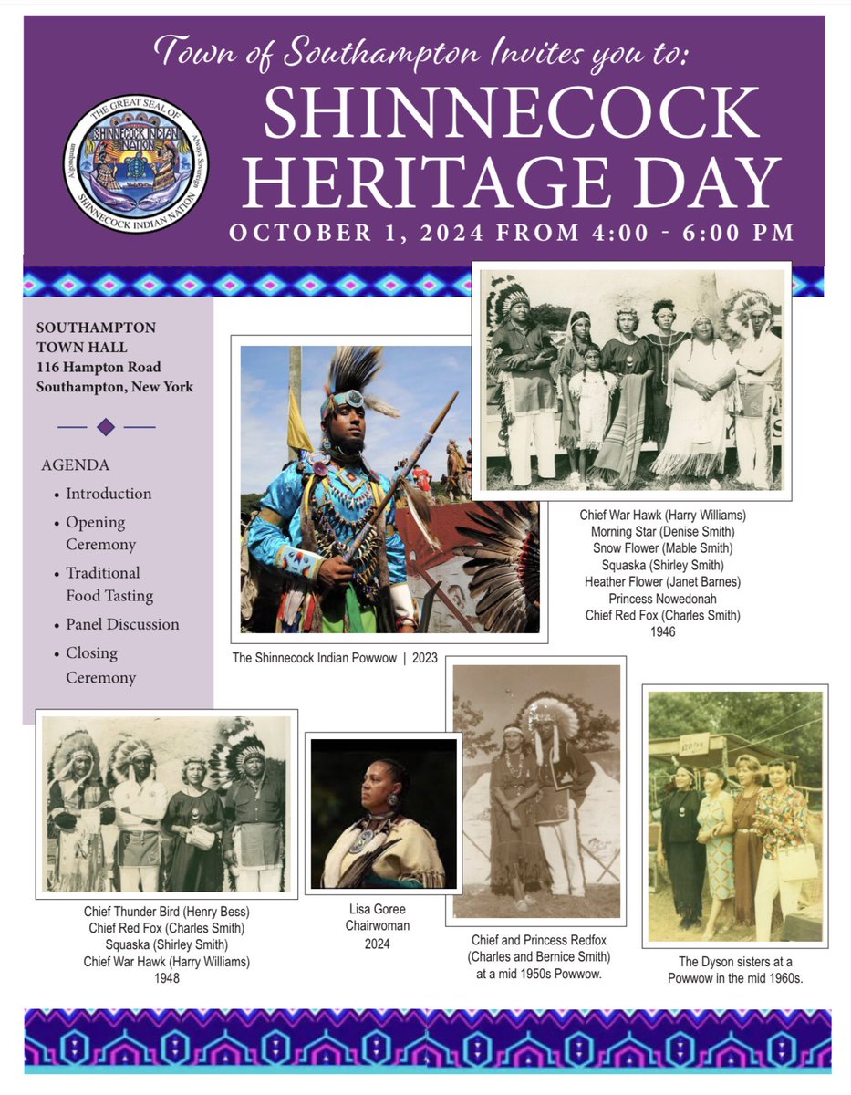 ShinnecockKelp's tweet photo. Shinnecock Heritage Day- October 1st, 2024 4-6pm
Southampton Town created an annual recognition that aims to highlight the history of the Shinnecock Nation and unique contributions to the Town.

Southampton Town Hall in the Town Hall Auditorium. 
116 Hampton Road, Southampton NY https://t.co/4wFAd93zzk