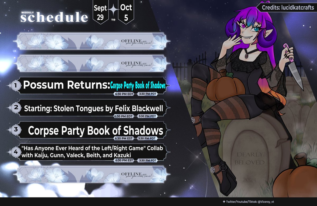 POSSUM IS BACK TO STREAMING!!! We have Corpse Party Book of Shadows on Tuesday and Thursday, we're starting "Stolen Tongues" by Felix Blackwell on Wednesday, and Friday is the Left/Right game by NeonTempo with <a href="/CoopKaiju/">CoopKaiju</a> <a href="/valeckvalem/">Valeck</a> <a href="/gunnsorde/">Gunnsorde</a> <a href="/Bheithirtel/">Bheithirtel</a> and <a href="/Kazuk1Ka1/">Kazuki Kai 🗡(҂‾ ▵‾)︻デ═一 the Goober🗡</a> ! 💖💖