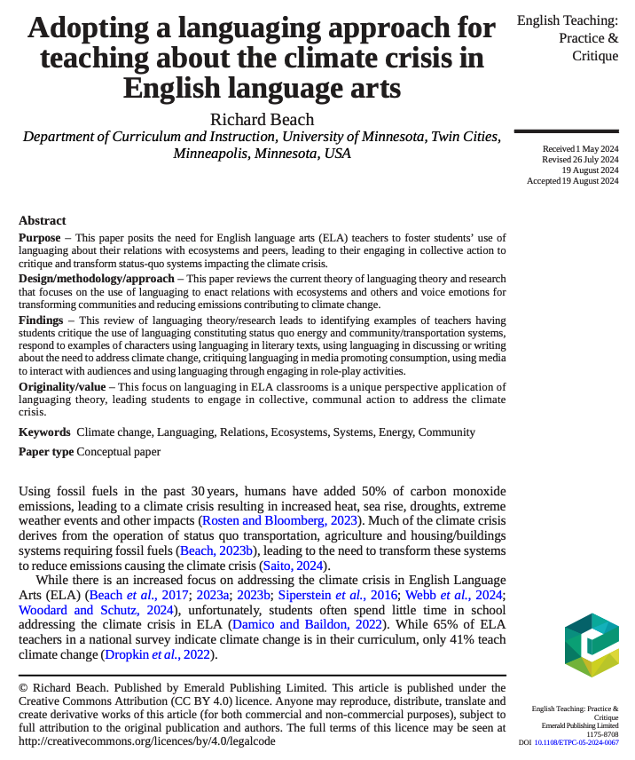 English Teaching: Practice & Critique (@engtchingprcr) on Twitter photo Now on EarlyCite! "Adopting a languaging approach for teaching about the climate crisis in English language arts" by <a href="/rbeach/">Richard Beach</a> Now on EarlyCite! "Adopting a languaging approach for teaching about the climate crisis in English language arts" by <a href="/rbeach/">Richard Beach</a>