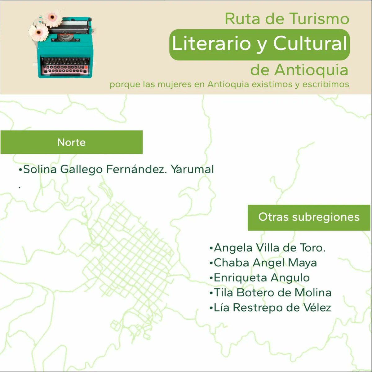 WomanDelCalaoCB's tweet photo. La @GobAntioquia lanzó una ruta de Turismo Literario y Cultural en la que NO APARECIÓ NI UNA SOLA MUJER, así que acá les presento una contraruta solo con nombres de mujeres porque en Antioquia las mujeres existimos y escribimos 🤘🏽✍🏽
Dénle rt porfa y etiqueten a la Gobernación. https://t.co/Mg710YmMzF