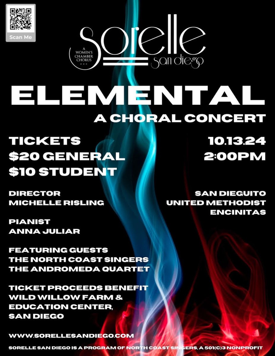 Sorelle San Diego will present Elemental, a fall concert on Sunday, October 13 at 2:00 p.m. in Encinitas. 

Find this and other concerts: sdsings.org/calendar/