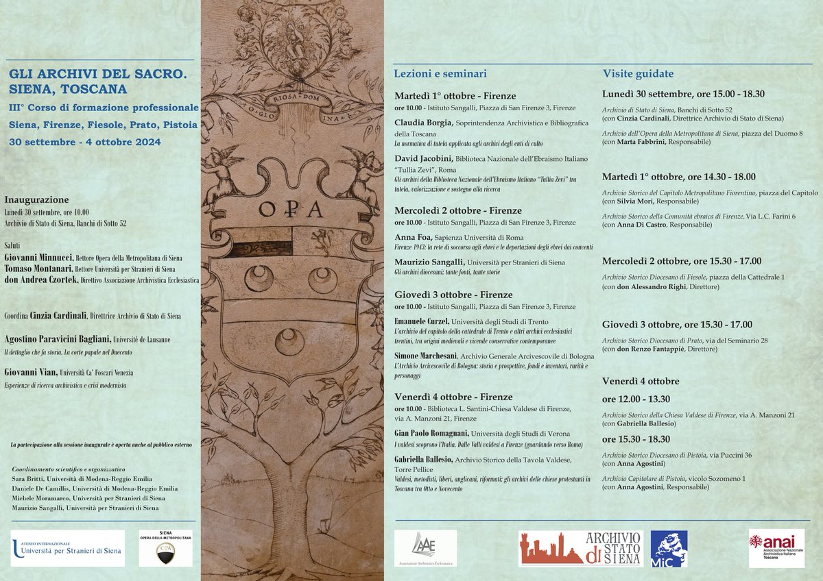 Eccoci alla terza edizione del corso sugli #archivi del #sacro toscani: quest'anno toccherà #Siena #Firenze #Fiesole #Prato #Pistoia #ebraismo #cattolicesimo #protestantesimo
<a href="/UniStraSiena/">Università per Stranieri di Siena</a> <a href="/duomosiena/">Opera Duomo Siena</a> <a href="/CGiachi/">Cristina Giachi</a> <a href="/sarafunaro/">Sara Funaro</a> <a href="/EugenioGiani/">Eugenio Giani</a> <a href="/ucei_it/">ucei</a> <a href="/archivistiANAI/">archivisti ANAI</a>
