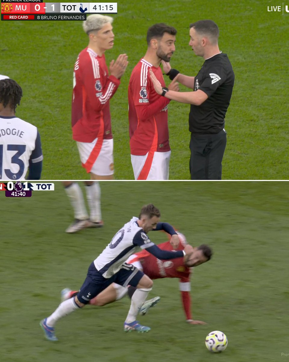 ESPNFC's tweet photo. BRUNO FERNANDES DIRECT RED CARD FOR THIS CHALLENGE ON MADDISON 😱 https://t.co/BWC4vEKt3T
