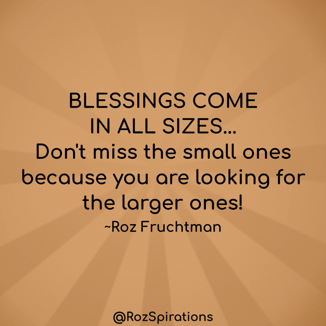 BLESSINGS COME IN ALL SIZES...
Don't miss the small ones, because you are looking for the larger ones! ~Roz Fruchtman
#ThinkBIGSundayWithMarsha #RozSpirations #joytrain #lovetrain #qotd

When it comes to blessings, size does not matter!