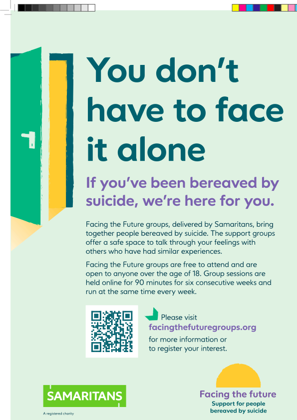 Facing the future provides safe online support groups for people bereaved by suicide where they can talk through their feelings with others who have similar experiences.