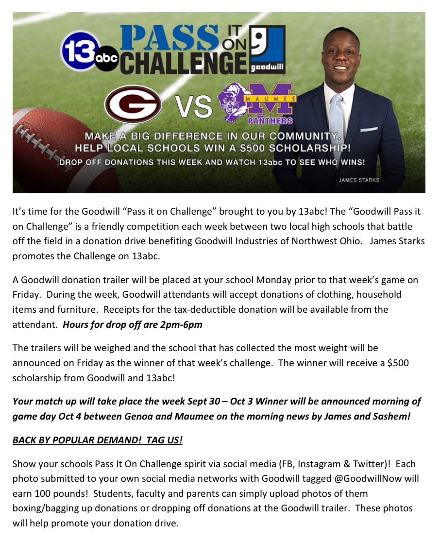 🔔 This Week!!! The Panther community has shown up the past 9 years! Let’s make this year even better!! Bring your donations to MHS on Monday-Thursday from 2-6pm &amp;&amp; post a selfie with the truck. Let’s make year 10 the best yet! 💜💛 <a href="/AthltcMaumee/">MaumeeAthltcBoosters</a> <a href="/maumee_schools/">Maumee City Schools</a>