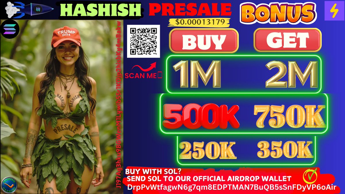 Unlock Incredible Bonuses with HASHISH Tokens! 🚀
🌟 Buy 1 Million HASHISH and get 1 Million FREE!
🌟 Buy 500K and get 250K bonus tokens!
🌟 Buy 250K and receive 100K bonus tokens!
🔗 PRESALE LINK: 
coininn.com/activity/presa…

Prefer to buy with Solana? No problem! If you’d rather