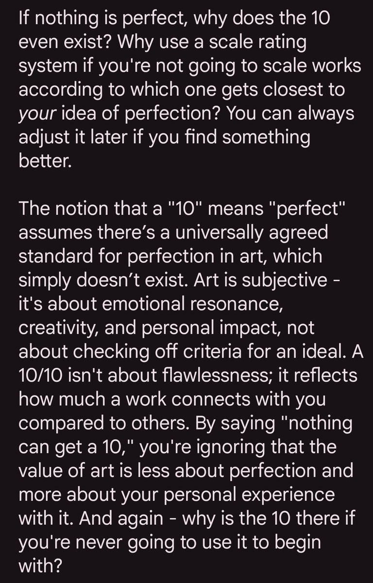 cloudynyxx's tweet photo. Ratings should be personal, but so many people who say things like "nothing can be a 10/10 because nothing is perfect" and "my favorites are objectively mid" have this specific way of interacting with art that comes off as insincere to me. https://t.co/rCRgG2K2F2