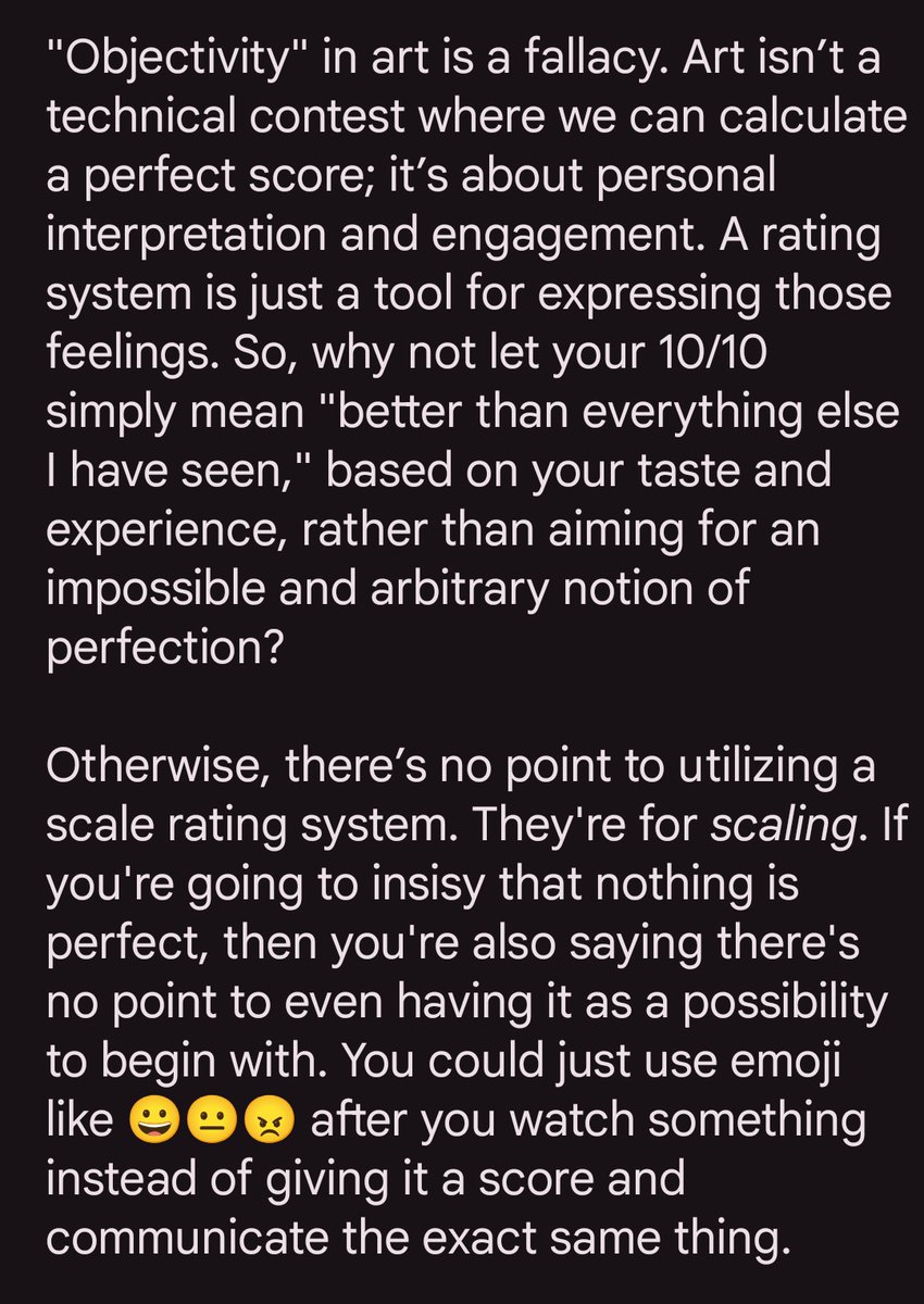 cloudynyxx's tweet photo. Ratings should be personal, but so many people who say things like "nothing can be a 10/10 because nothing is perfect" and "my favorites are objectively mid" have this specific way of interacting with art that comes off as insincere to me. https://t.co/rCRgG2K2F2