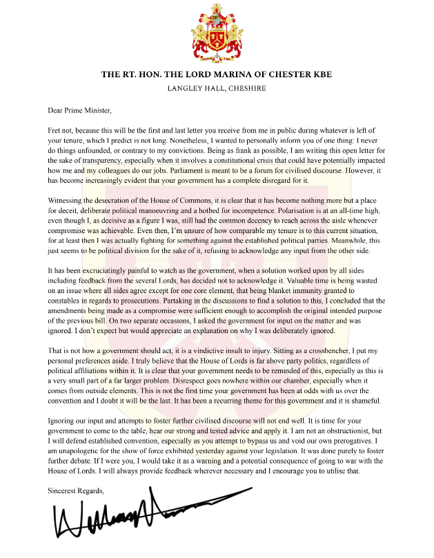 I have written to the Prime Minister to highlight my discontentment with the events of yesterday, and his government's overall legislative conduct.

It's disgusting to bare witness to continuous disrespect towards the Lords and those seeking compromise.

🔗drive.google.com/file/d/1On1zIb…