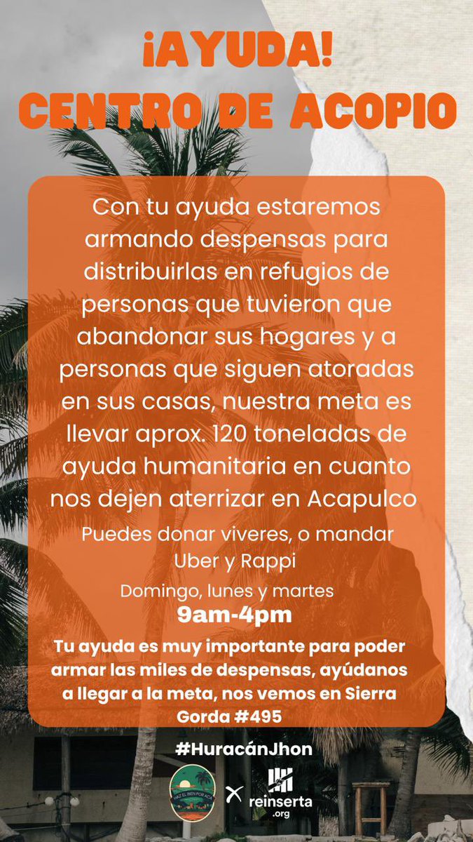 🔴 Se activa centro de acopio en Sierra Gorda 495 CDMX para Acapulco. Se reciben tus donativos a partir de hoy. Las despensas serán entregadas en los refugios y a personas que están atoradas en sus casas. Aviones y camiones listos,  solo falta tu donativo! Contamos contigo!