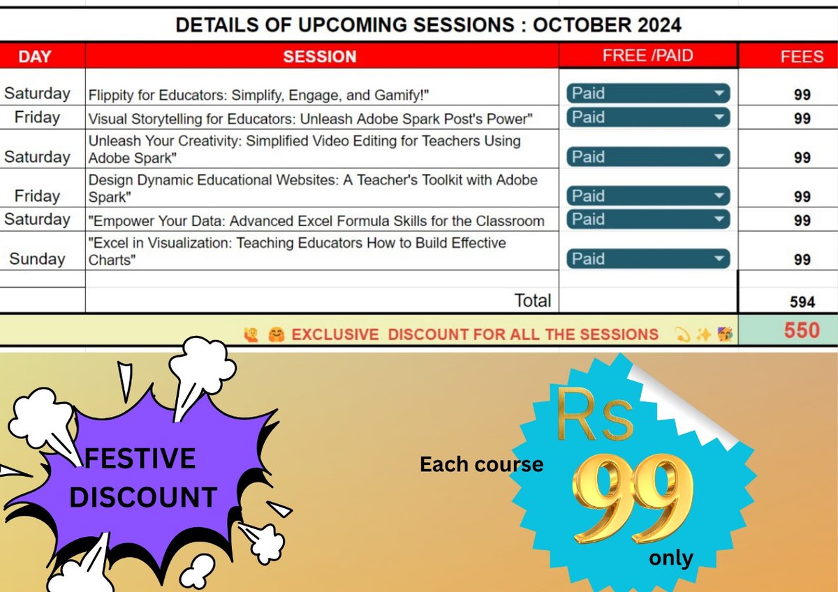 🎉 Festive Offer Alert! 🎉
👋
We at Team EduCatalyst are thrilled to announce our OCTOBER sessions with an exclusive Festive Offer! 🎁🎊
For a limited time, enroll in any course for just ₹99! 💻
👉 Register : forms.gle/nNy29dDetQTXfD…
Join : chat.whatsapp.com/GPsPZ5W1dYmG4i…
