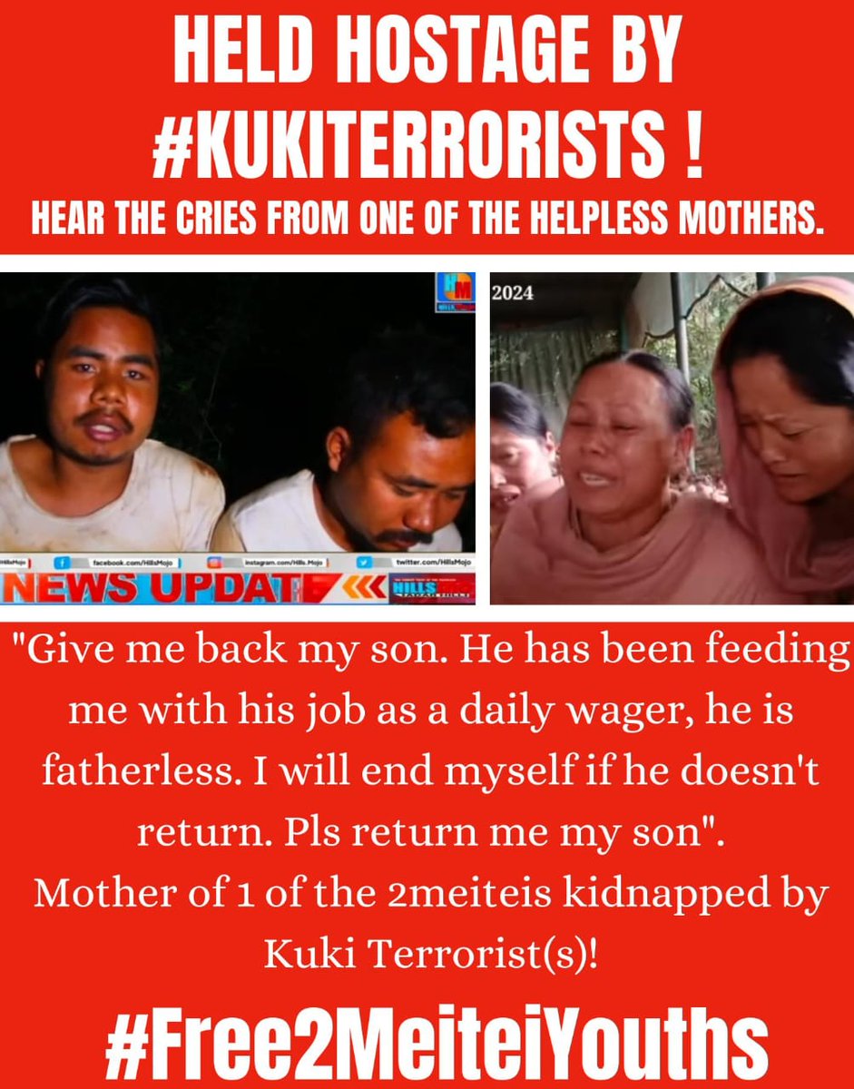 ‼️#Free2MeiteiYouths held hostage by #KukiTerrorist

An act of terrorism committed by #KukiTerrorists, who r adopting Taliban tactics by taking hostages 2 demand the release of their arrested allies. While their families r waiting 4 their return, will #GOI remain silent as usual?