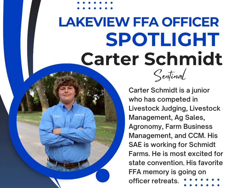 lakeviewffa's tweet photo. Happy Sunday! Our next officer spotlight is our Sentinel, Carter Schmidt.#LakeviewVikes https://t.co/FphOvrMrpc