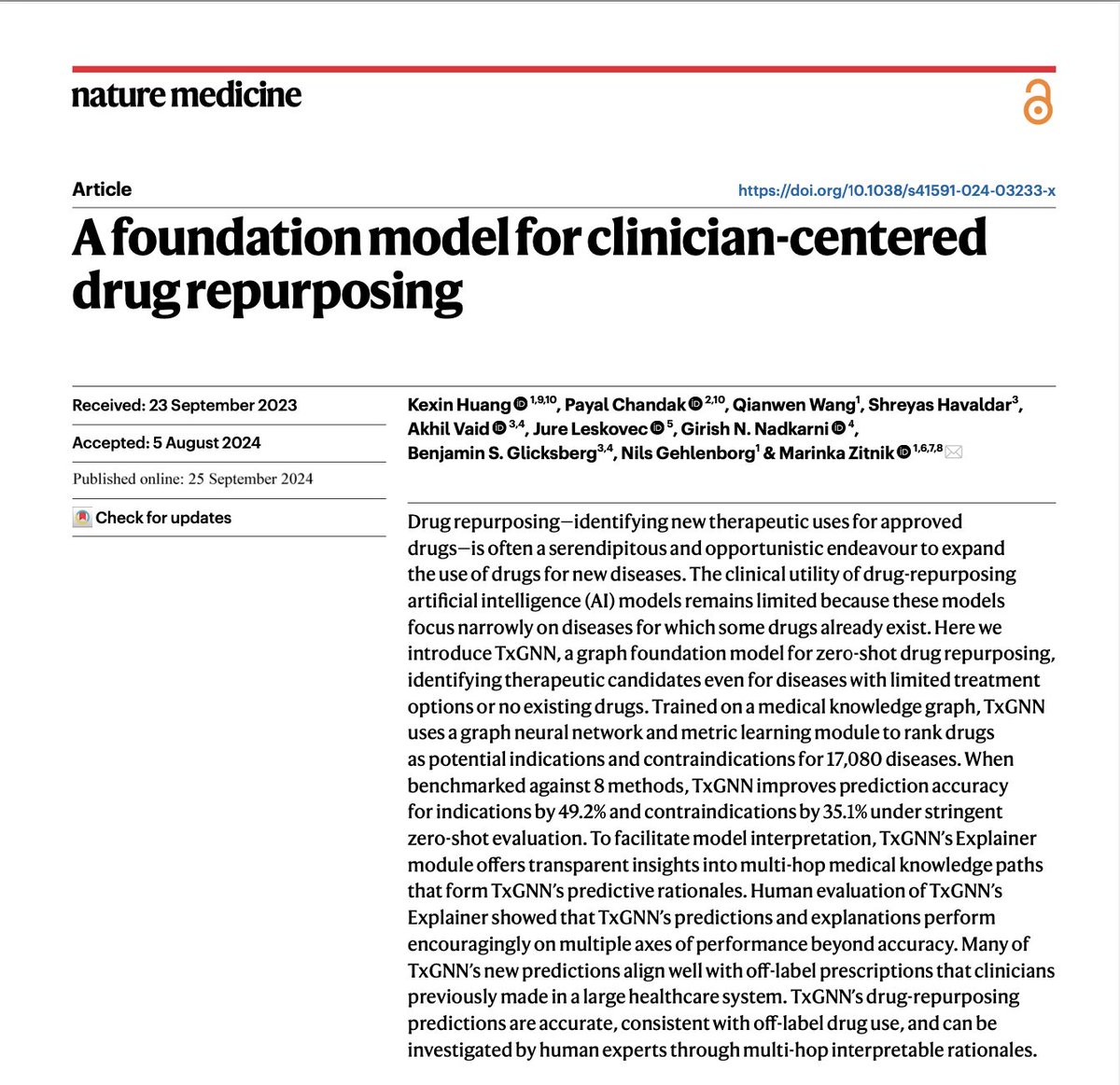 Payal Chandak (@payal_chandak) on Twitter photo 📣Excited to share our new study in <a href="/NatureMedicine/">Nature Medicine</a> that <a href="/KexinHuang5/">Kexin Huang</a> , <a href="/marinkazitnik/">Marinka Zitnik</a>, and I have been working on for the last four years! TxGNN is a graph-based foundation model for zero- shot drug repurposing that can find therapies for diseases with zero treatment options. 📣Excited to share our new study in <a href="/NatureMedicine/">Nature Medicine</a> that <a href="/KexinHuang5/">Kexin Huang</a> , <a href="/marinkazitnik/">Marinka Zitnik</a>, and I have been working on for the last four years! TxGNN is a graph-based foundation model for zero- shot drug repurposing that can find therapies for diseases with zero treatment options.