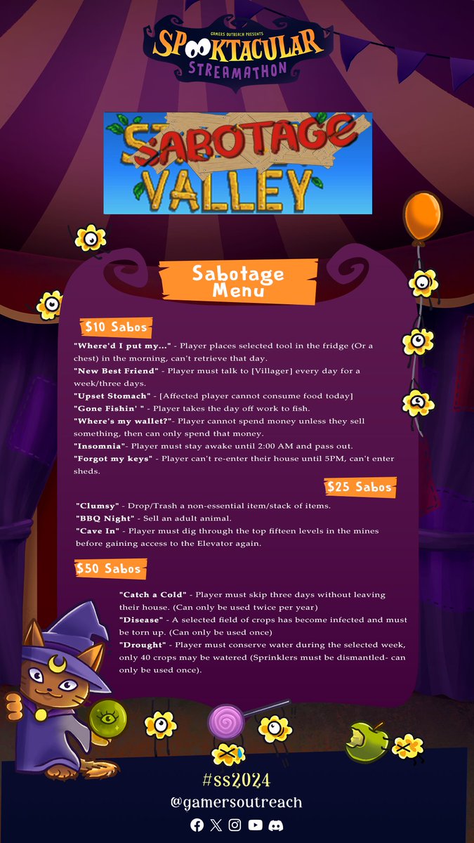 Sjouklynne's tweet image. 🧡 SPOOKTACULAR SABOTAGE VALLEY 🧡
🗓️ Friday, October 4th at 8PM EST
twitch.tv/Sjouklynne

Donate to Sabotage our playthrough! Credit to "The Ya'll of Us" on the Stardew Steam community forum for creating this sabotage list.
#SS2024