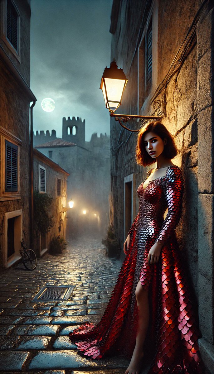NudismoLentes's tweet photo. "Fantasy trifft auf Mode – Ein episches #Scalemaille Dress in einer historischen Stadt, gehüllt in Mondlicht und Magie. ✨🔗
#DarkFantasyStyle #HandmadeFashion #MetallicVibes #CreativityInMotion #DragonsChain" https://t.co/W0U9EWMEnF