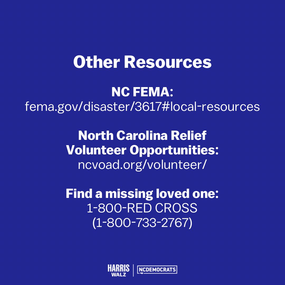 KamalaforNC's tweet image. To all North Carolinians affected by Hurricane Helene, we’re thinking of you.

Here is a list of resources to help you and/or your loved ones stay safe: