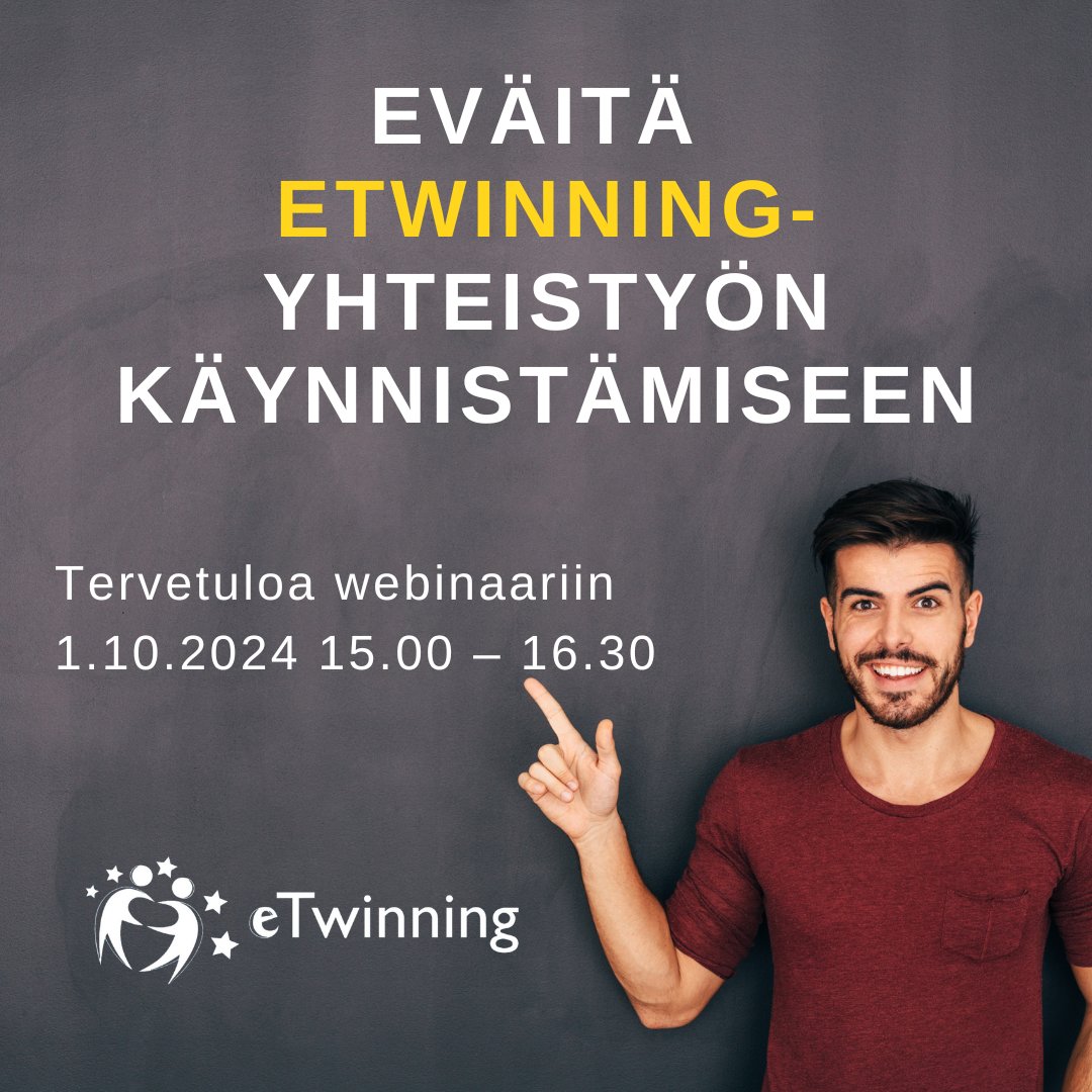 JenniDecandia's tweet photo. Tervetuloa #eTwinning-webinaariin tiistaina 1.10. klo 15.00-16.30! ⭐️⭐️⭐️ Onko sinulla valmis projekti-idea, mutta yhteistyön käynnistäminen ja eTwinning-ympäristössä työskentely mietityttää? Tule webinaariin kuulemaan ja kyselemään meidän eTwinning-lähettiläiden vinkkejä!  1/2 https://t.co/NUu33rBqnI