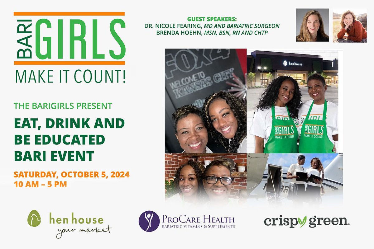 🎉 Join us for the BariGirls Present Eat, Drink, and Be Educated Bari Event! 🍽️🥂

📅 Date: Sat, October 5, 2024
🕙 Time: 10 AM - 5 PM
📍 Location: HCA Bariatric and Metabolic Specialists Building, 5100 West 110th Street, Overland Park, KS 66211

buff.ly/4cQ7SfT?