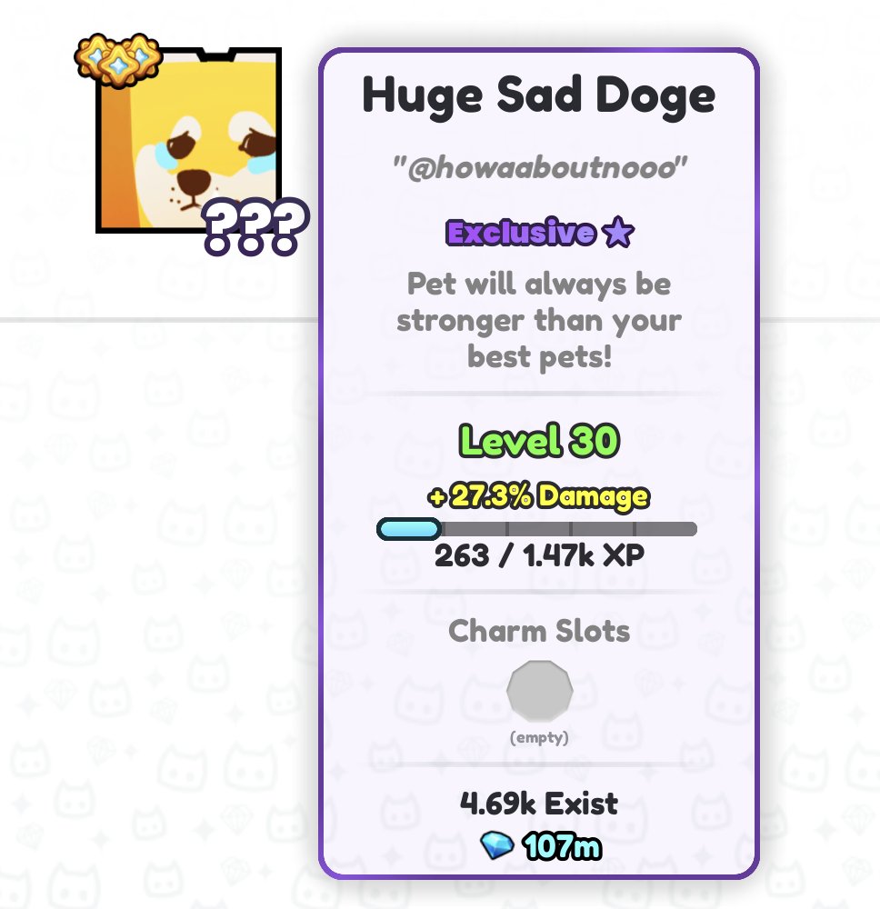🎉 DAILY GIVEAWAYS - Day 271 🎉
🔥 HUGE Sad Doge! 🔥

Requirements:
🤝 follow me
❤️ &amp; 🔁 like &amp; RT
💬 reply w/ ur username

giveaway ends in 3 days! good luck! 🔥
#PetSimulator99 #PetSim99 #PetSim #PS99 #PetSimulator #PetSimulator99Giveaways