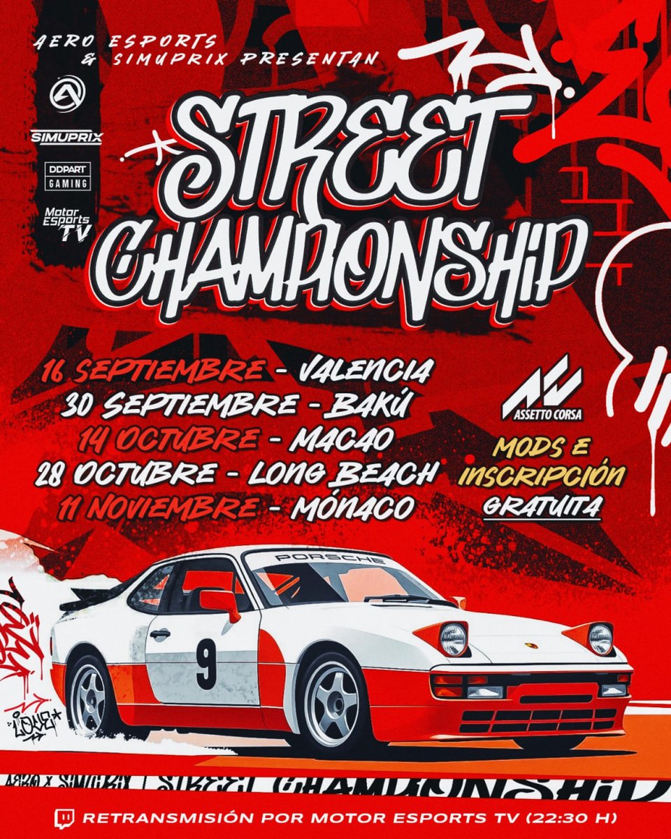 Buenos días!

Esta noche a las 22:30
2ª cita de la #Street_Championship
desde los hornos de 
<a href="/AERO_esp/">AERO</a> y <a href="/simuprix/">Simuprix</a> 

Cabina:
<a href="/sademilio/">PinkThinking</a> 
<a href="/EstebanCampos_/">Esteban Campos</a> 

📺twitch.tv/motoresportstv

Colabora:
<a href="/simufy/">Simufy</a> 
<a href="/SRPsimracingpro/">SRP SimRacing-Pro.com</a> 
<a href="/customcockpits/">Custom Cockpits</a> 
<a href="/iovaluetech/">IOVALUE TECH</a> 
#1MB

Mucha suerte a todos 🏁
