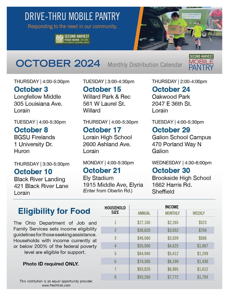 Second Harvest NC OH (@secondharvestoh) on Twitter photo We will be #InYourNeighborhood soon! See below for all upcoming distributions for October! 🚚📦
🥕 Our next Mobile Pantry will be in partnership with <a href="/loraincsd/">Lorain City Schools</a>, Thursday, October 3rd, at Longfellow Middle School from 4:00-5:30pm.
🍏 Register HERE: freshtrak.com We will be #InYourNeighborhood soon! See below for all upcoming distributions for October! 🚚📦
🥕 Our next Mobile Pantry will be in partnership with <a href="/loraincsd/">Lorain City Schools</a>, Thursday, October 3rd, at Longfellow Middle School from 4:00-5:30pm.
🍏 Register HERE: freshtrak.com
