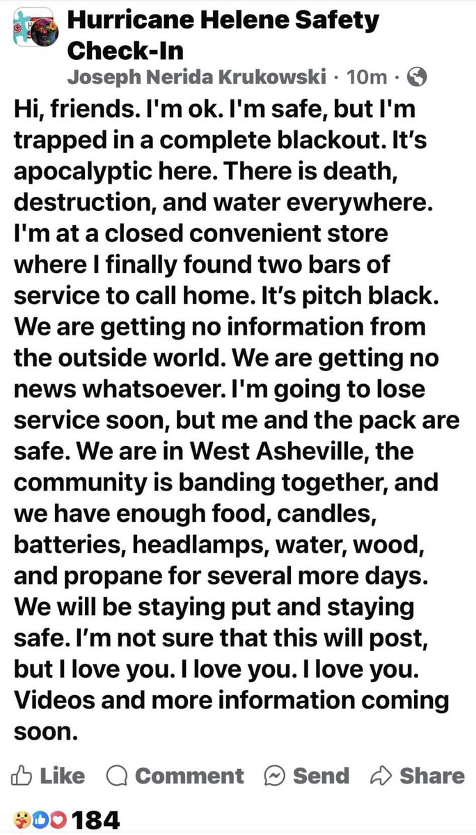 ‘I’m trapped in a complete blackout. It’s apocalyptic here. There is death, destruction, and water everywhere.’ 

This post came from Asheville, NC. 🥺 #HurricaneHelene