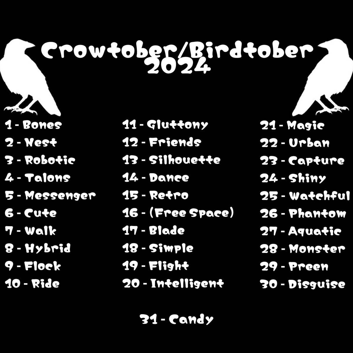 DailyCorvids's tweet photo. Hi everyone! It's a little late, but it's here! Here is this year's #Crowtober (or #Birdtober) prompt list!

The premise is simple, just create bird art in any media you wish following the prompt of the day, and tag it with either #Crowtober or #Birdtober https://t.co/0hnywcvUfy