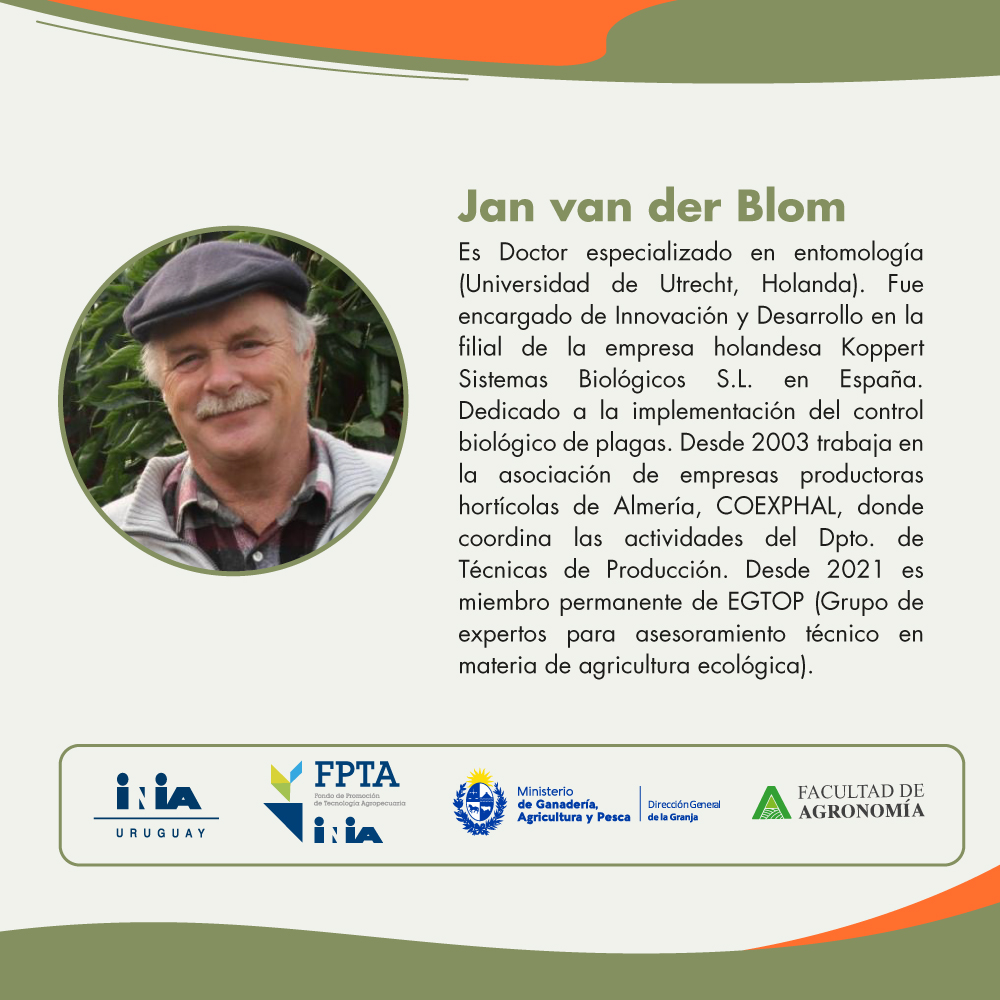 📢Recuerde:  jornadas sobre #controlbiológico en horticultura. #FPTA383  
Charla del consultor español Dr. Jan van der Blom  

🗓️Martes 1/10 📍INIA Salto Grande 
🗓️Jueves 3/10 📍INIA Las Brujas   

➡️Actividades presenciales, 17:00 h

Cc:  <a href="/MGAPUruguay/">MGAP</a> <a href="/FagroUdelar/">Facultad Agronomía</a>