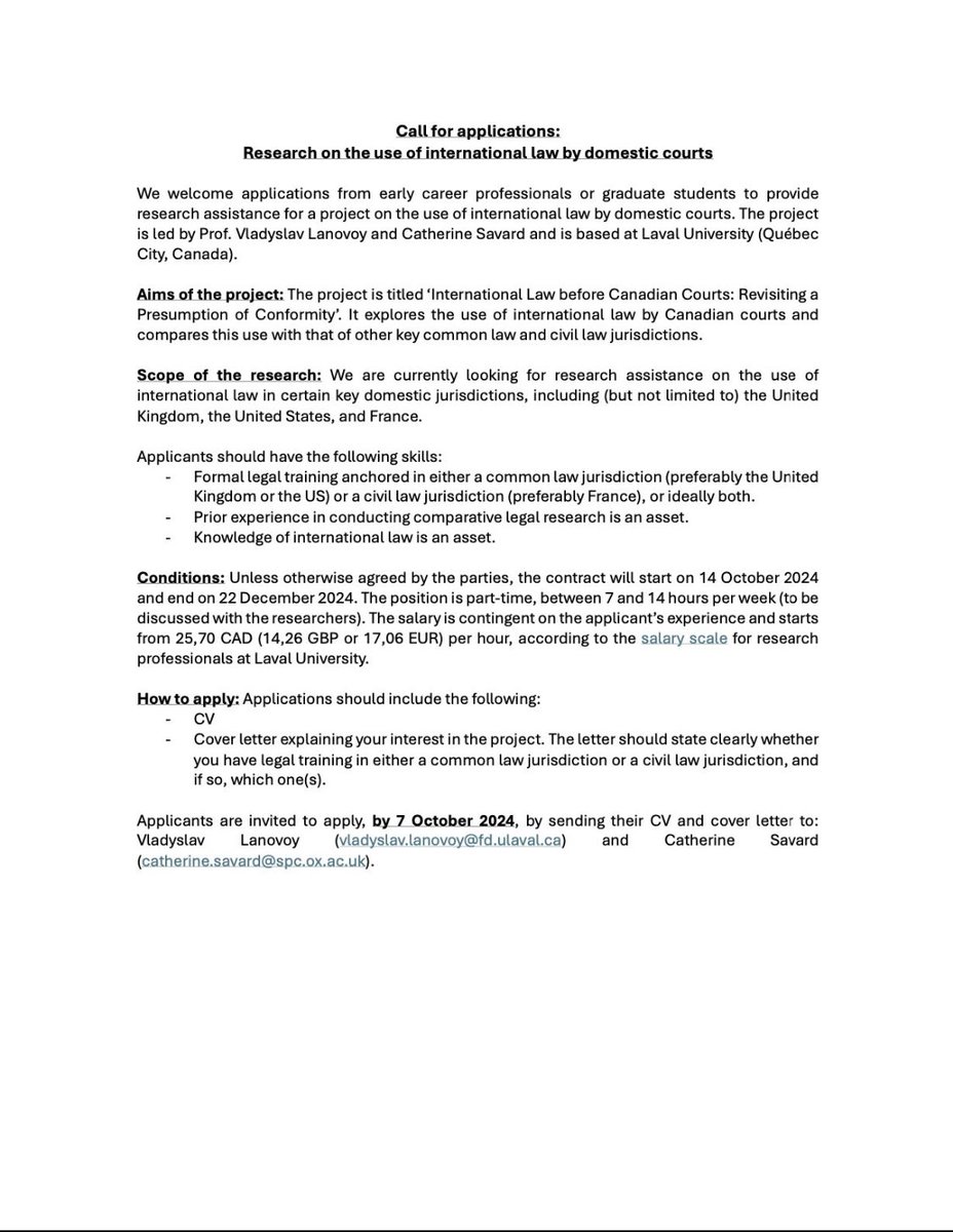 Catherine Savard (@catherinesavrd) on Twitter photo 📣 Call for Applications: Research on the use of international law by domestic courts 📣
We are currently hiring professionals or graduate students to provide research assistance for a project led by <a href="/VLanovoy/">Vladyslav Lanovoy</a> & me. Please share this opportunity with your networks! <a href="/ulaval_droit/">Faculté de droit – Université Laval</a> 📣 Call for Applications: Research on the use of international law by domestic courts 📣
We are currently hiring professionals or graduate students to provide research assistance for a project led by <a href="/VLanovoy/">Vladyslav Lanovoy</a> & me. Please share this opportunity with your networks! <a href="/ulaval_droit/">Faculté de droit – Université Laval</a>